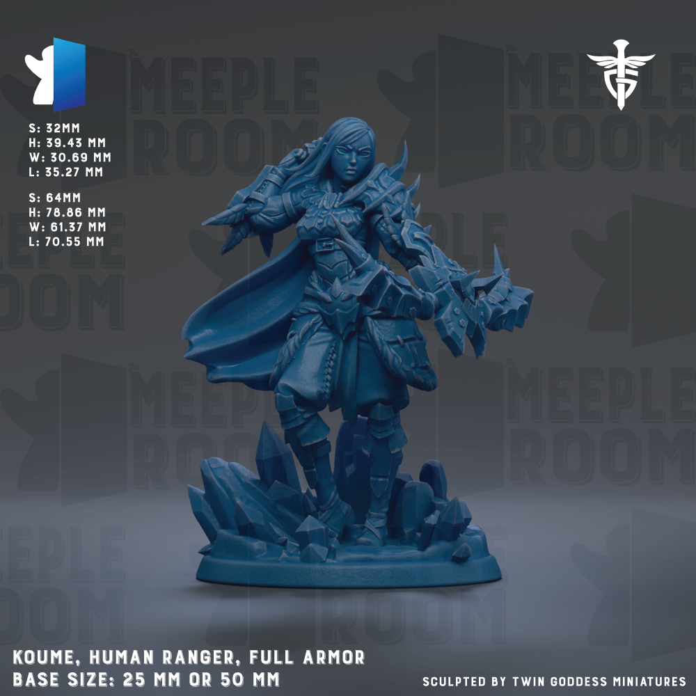 The image is a detailed 3D model of a human ranger, also known as a human ranger, full armor, with a base size of 25mm or 50mm. The model is shown in a dynamic pose, with the ranger wielding a sword and surrounded by rocks and other elements. The image is a collage of multiple images, and it is described as a sculpture by Twin goddesses.