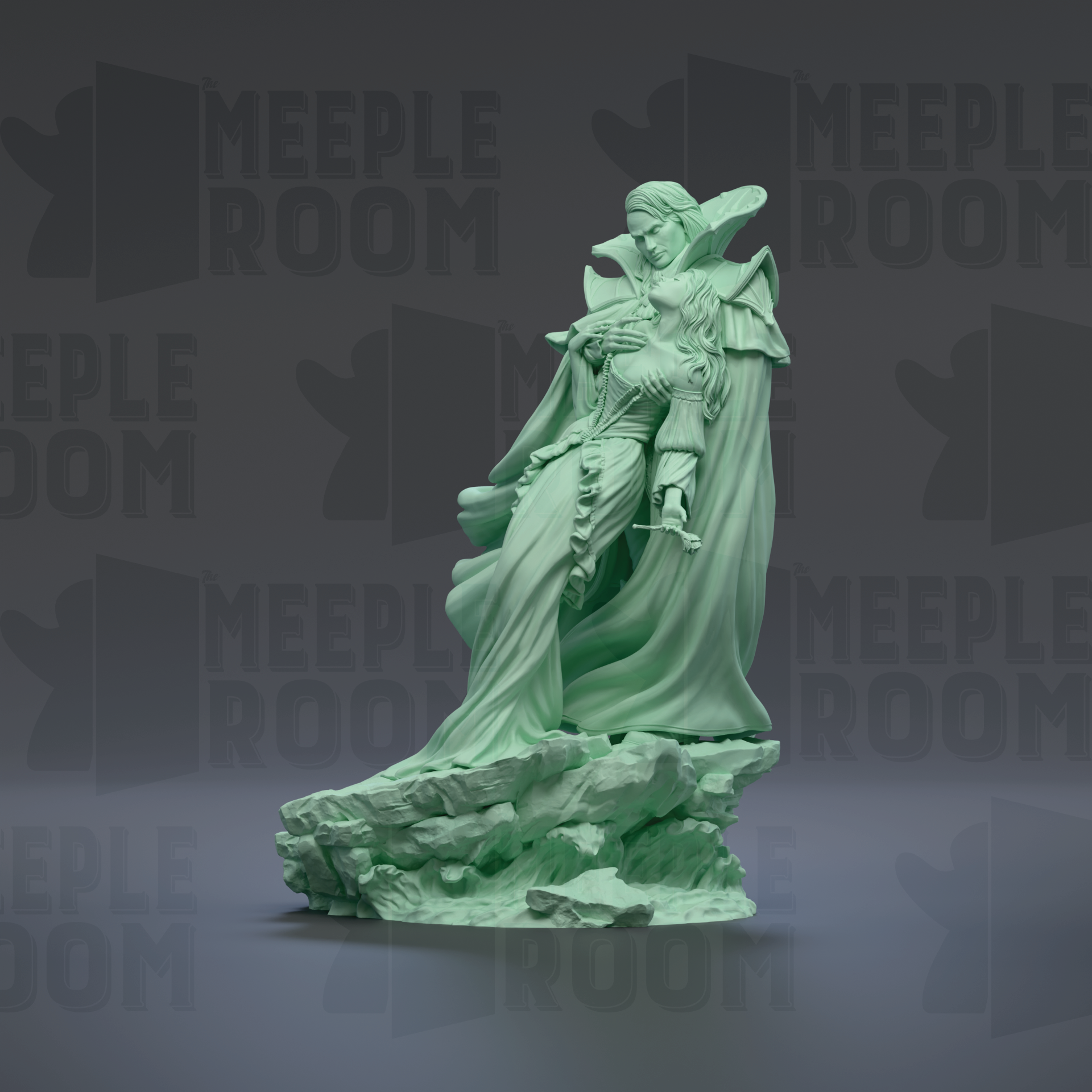 A green statue of a woman with flowing robes and a long, flowing skirt stands on a rock formation against a dark background.