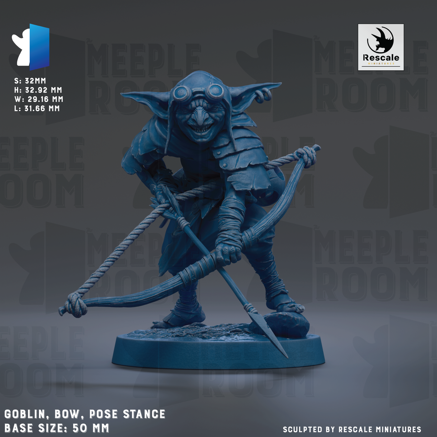 a blue figurine of a gnome-like character with a bow and arrow, standing on a base. The figurine is shown in a pose with the bow held in front of it. The base sizes are 50mm.