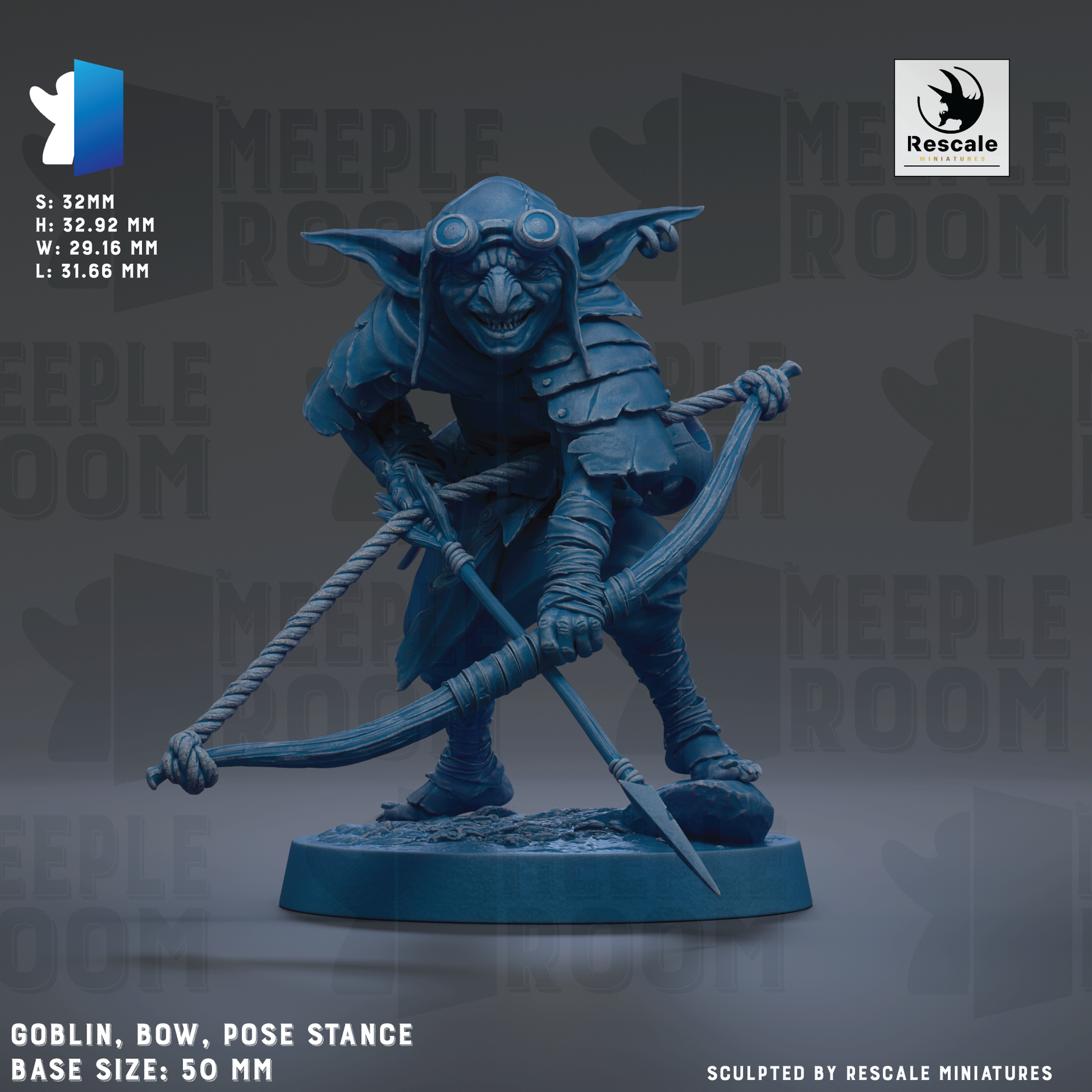 a blue figurine of a gnome-like character with a bow and arrow, standing on a base. The figurine is shown in a pose with the bow held in front of it. The base sizes are 50mm.