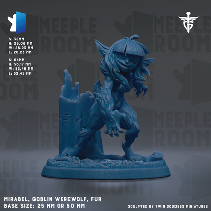 The image is a figurine of a werewolf-like creature, possibly a dragon or a wolf-like monster, with a blue color. The figurine is sitting on a base and appears to be made of a material that resembles stone or concrete. The image does not contain any text, and the figurine is described as being a "Meeple Room" figurine. The base size of the figurine is either 25mm or 50mm.