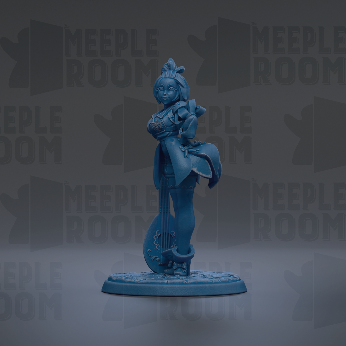 A blue figurine of a woman with a pendant stands on a base against a dark background with repeated text.