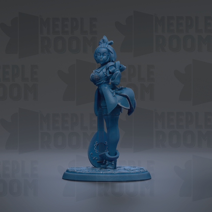 A blue figurine of a woman with a pendant stands on a base against a dark background with repeated text.