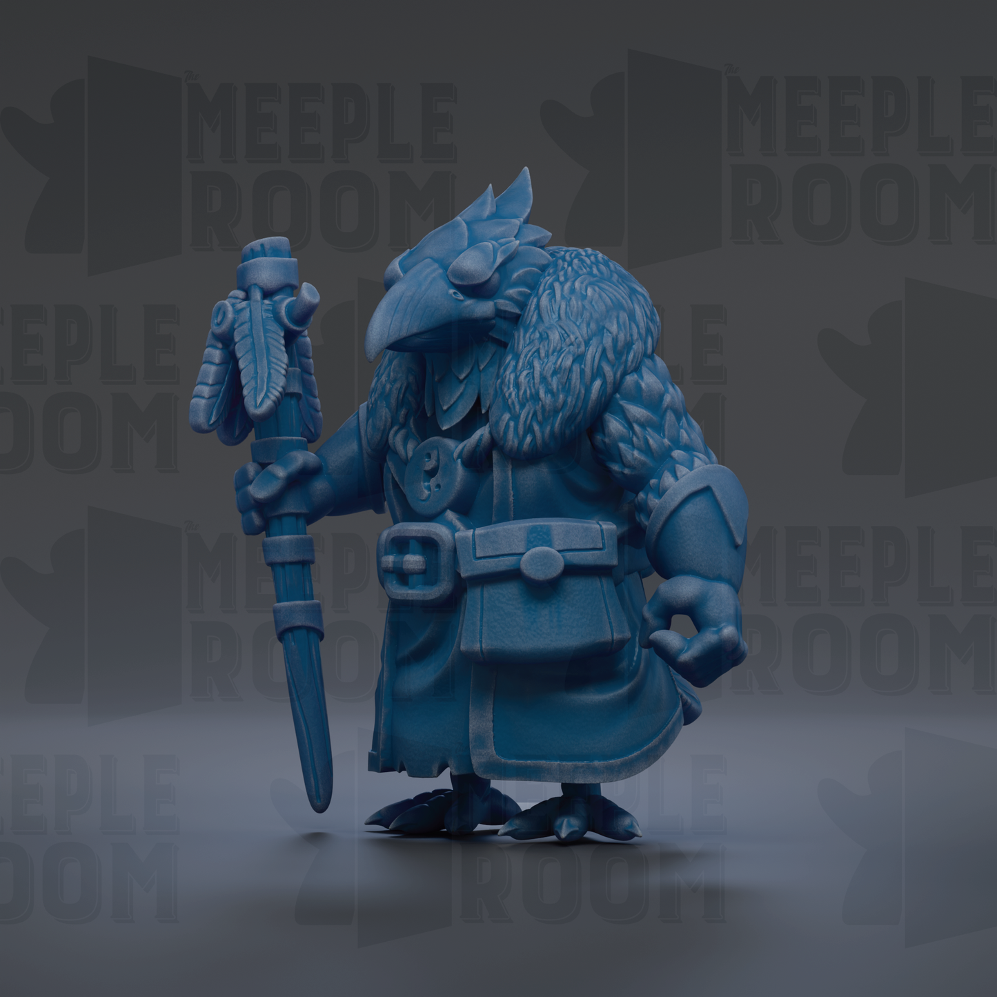 A blue, winged creature holding a staff and standing in a dark environment with repeated text in the background.