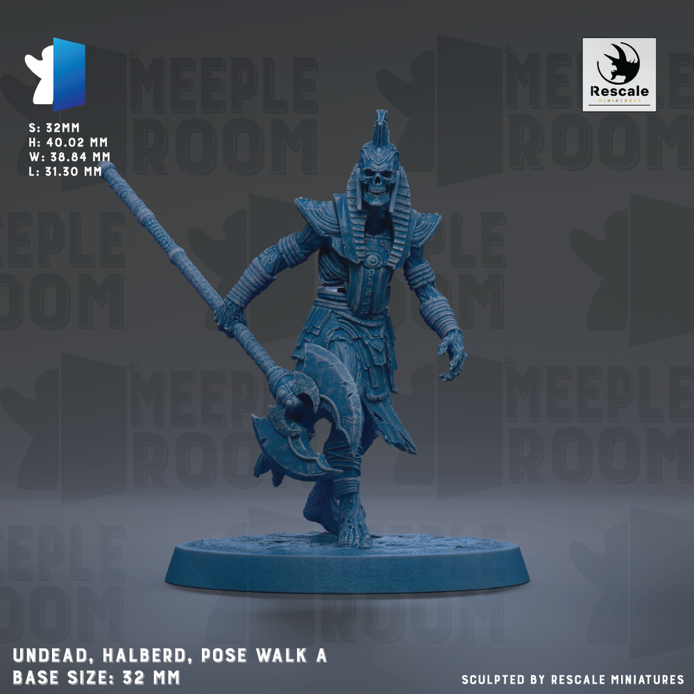 a figurine of a warrior standing on a base, holding a weapon and wearing a distinctive headdress. The figurine is described as being "UNDEAD, HALBERD, POSE WALK A" and "BASE SIZE: 32mm". The image is a collage of multiple images, and the phrase "Sculpted by RESCALE MINIATURES" is mentioned at the bottom.
