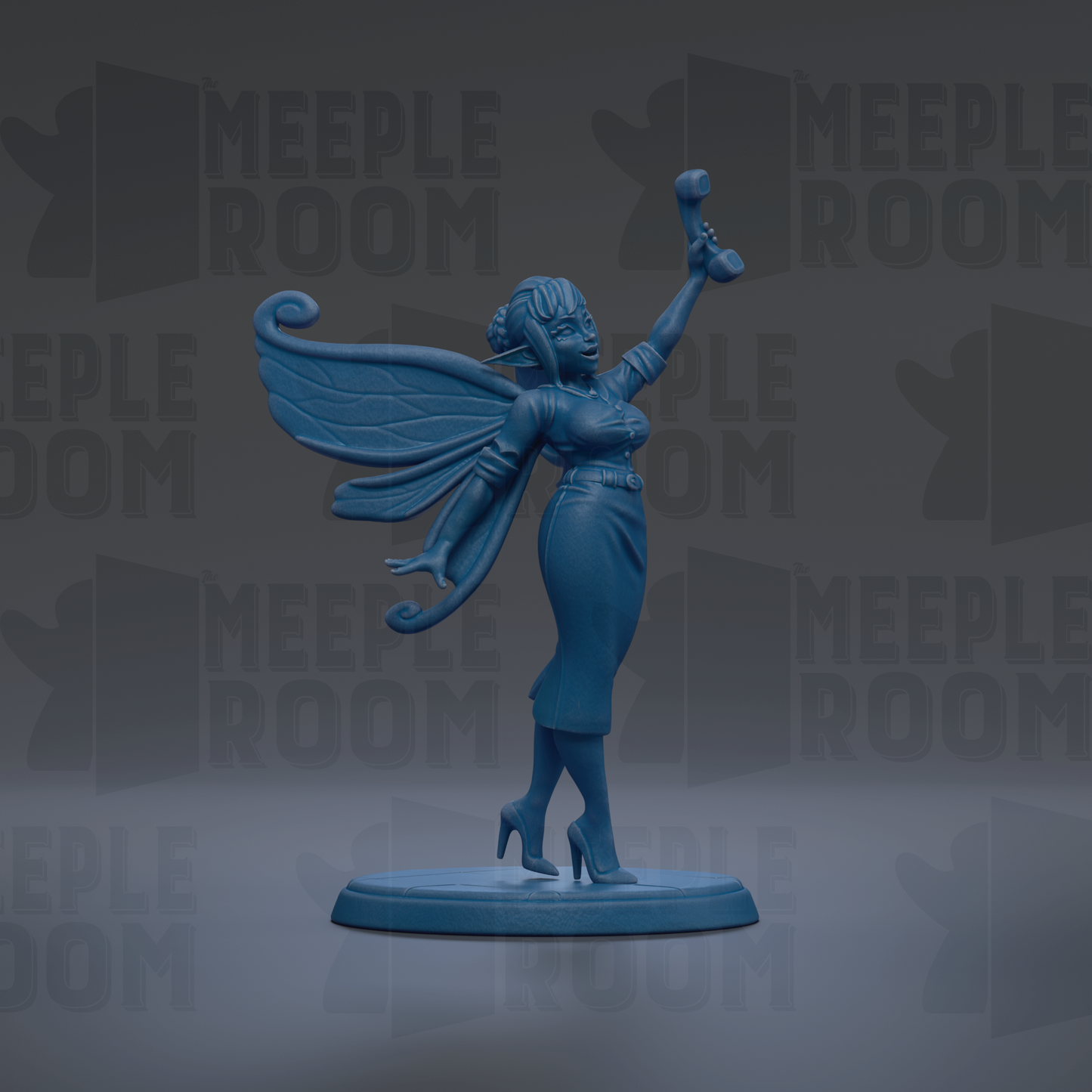 A blue figurine of a fairy-like character with wings and a dress stands on a base against a dark background with repeated text.