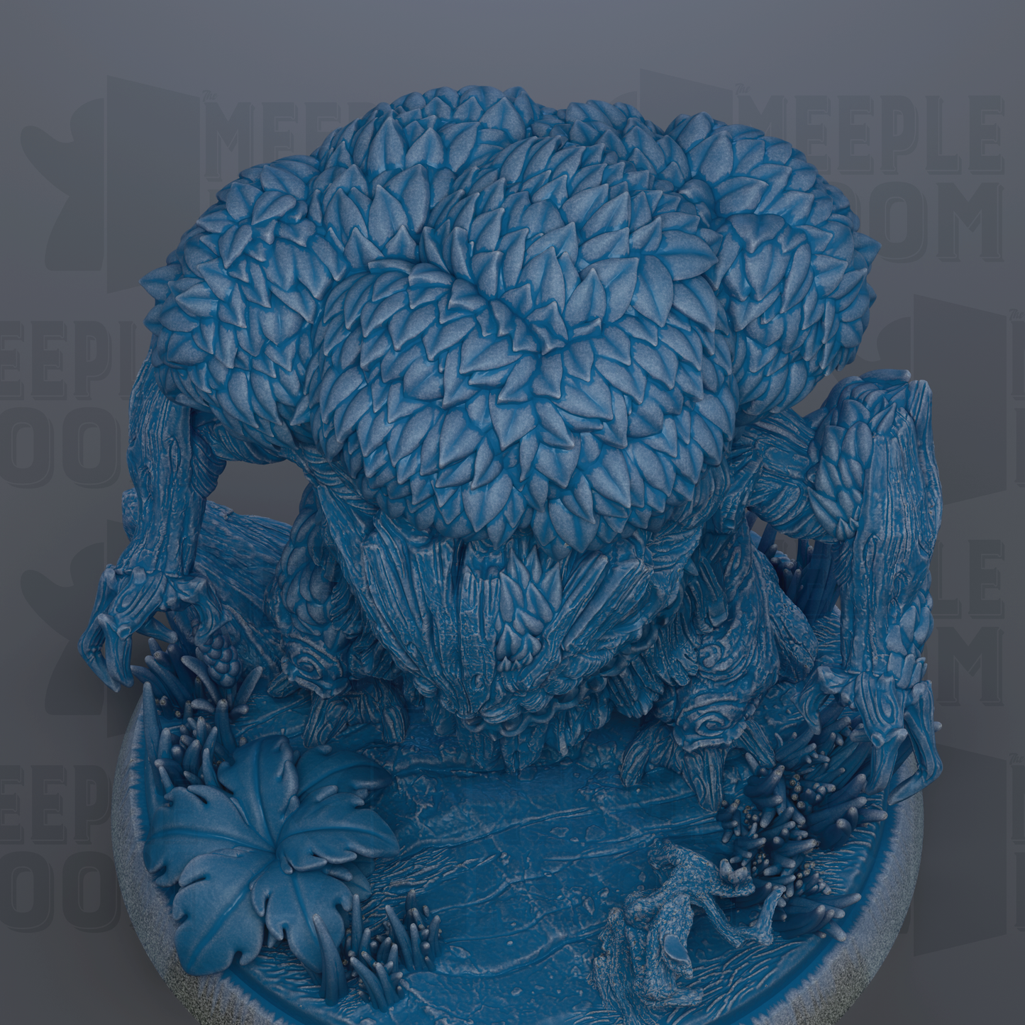 The image is a 3D rendering of a fantastical creature, possibly a dragon or a monster, with intricate details and textures. The creature is surrounded by various elements, such as plants and rocks, creating a complex and visually striking scene.