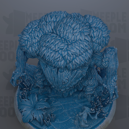 The image is a 3D rendering of a fantastical creature, possibly a dragon or a monster, with intricate details and textures. The creature is surrounded by various elements, such as plants and rocks, creating a complex and visually striking scene.
