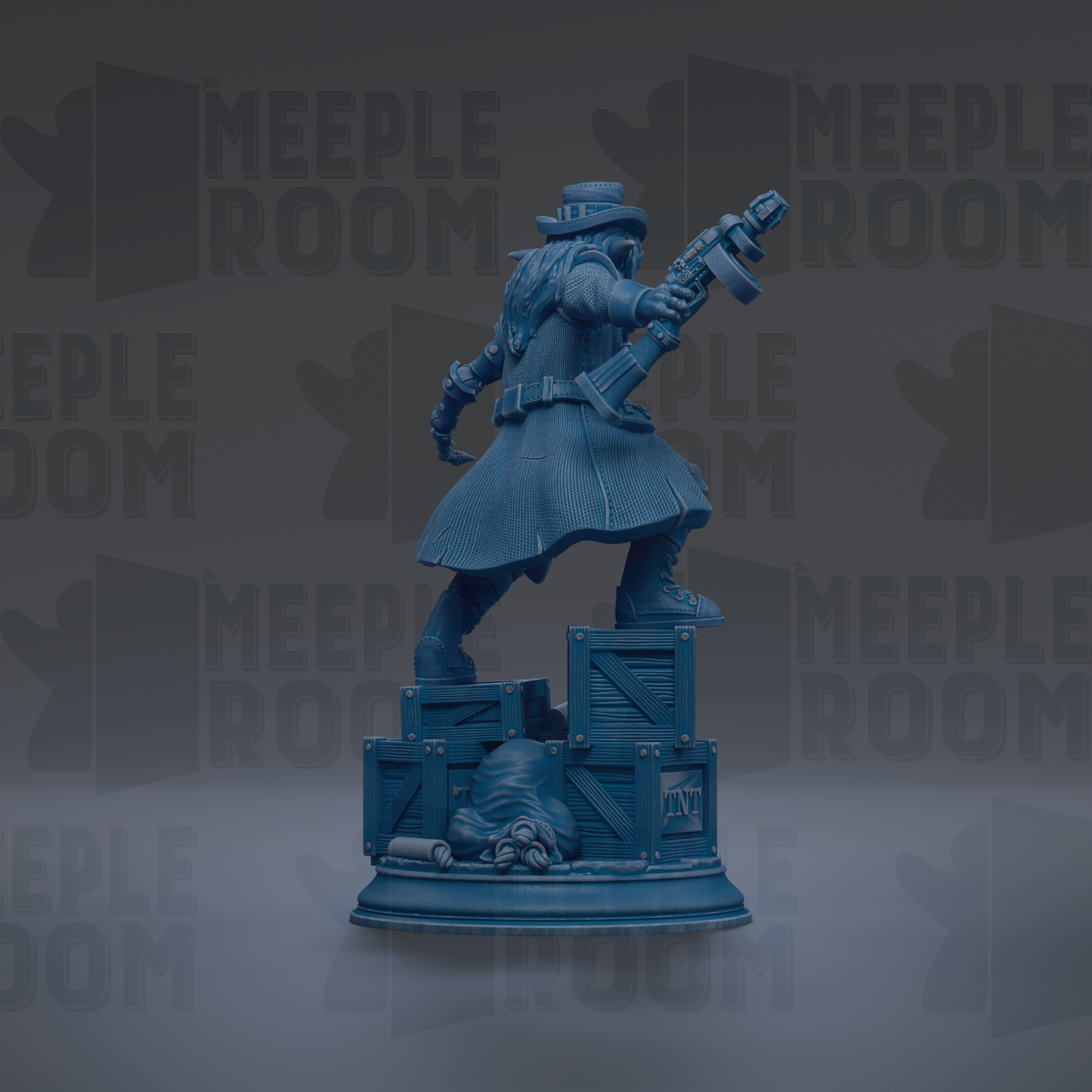 A blue statue of a person holding a gun and standing on a crate, with the text "MEEPLE ROOM" repeated in the background.