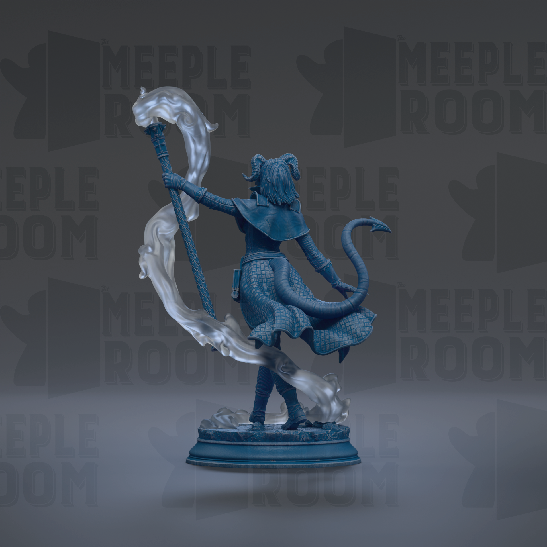 A statue of a woman holding a staff and a stream of water, with the text "MEUPLE ROOM" repeated in the background.