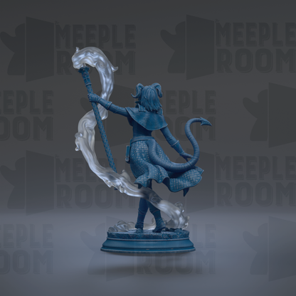A statue of a woman holding a staff and a stream of water, with the text "MEUPLE ROOM" repeated in the background.