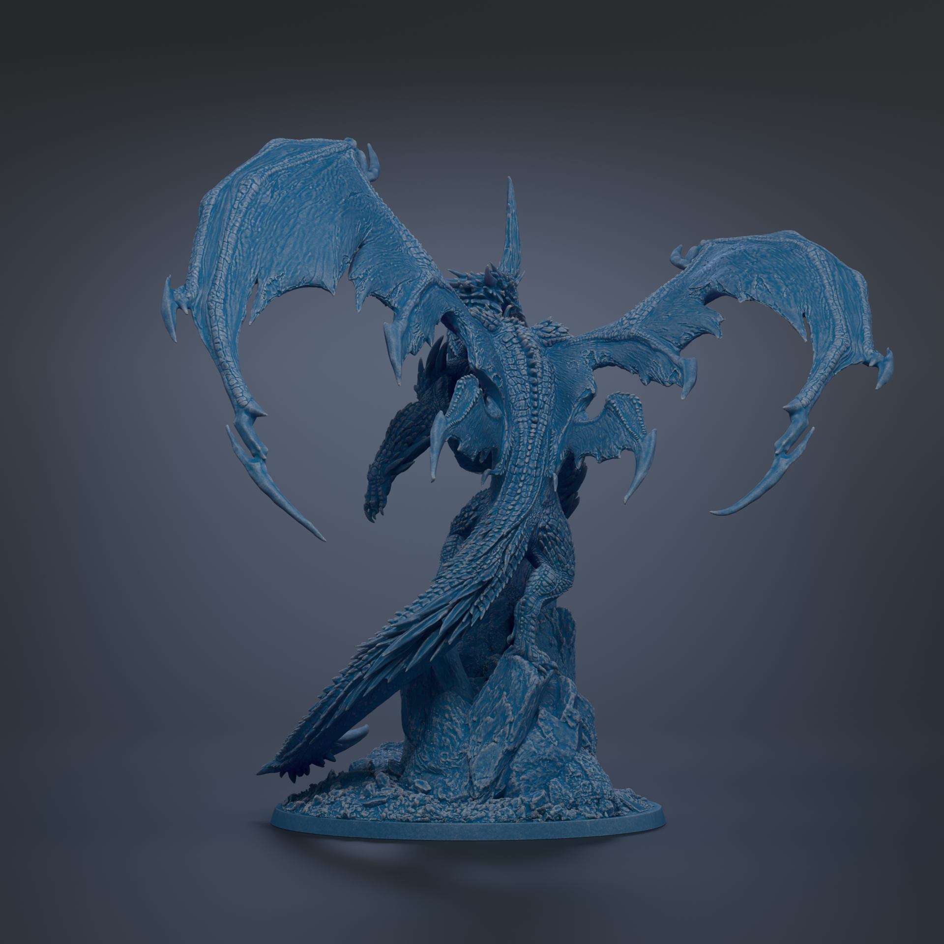 A detailed 3D rendering of a blue dragon-like creature with wings spread wide, standing on a rock formation against a dark background.