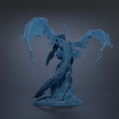 A detailed 3D rendering of a blue dragon-like creature with wings spread wide, standing on a rock formation against a dark background.
