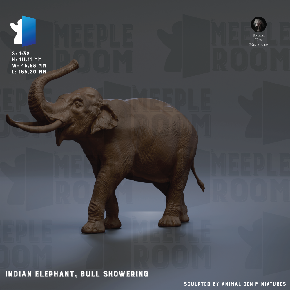 The image is a 3D rendering of an Indian elephant, specifically a bull showering, with a focus on its trunk and tusks.