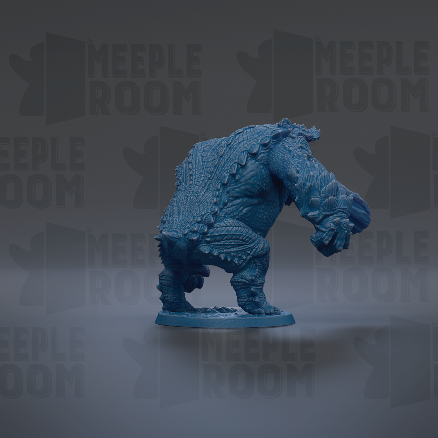 A blue figurine of a creature with a textured, armored appearance is displayed against a dark background with repeated text.