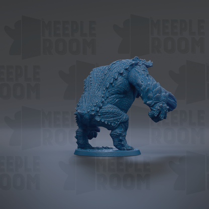 A blue figurine of a creature with a textured, armored appearance is displayed against a dark background with repeated text.