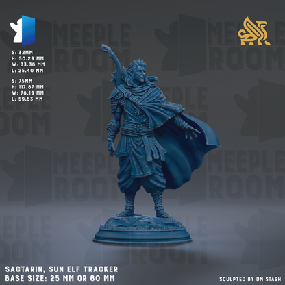 a blue figurine of a character with a cape, standing on a base and holding a staff. The figurine appears to be a Sun Elf Tracker, as indicated by the text. The figurine is described as a "Sactarin, Sun Elf Tracker" and is shown in various sizes, including 25mm and 60mm. The image is a collage of multiple images, and the phrase "Sculpted by DM Stash" is mentioned at the bottom.