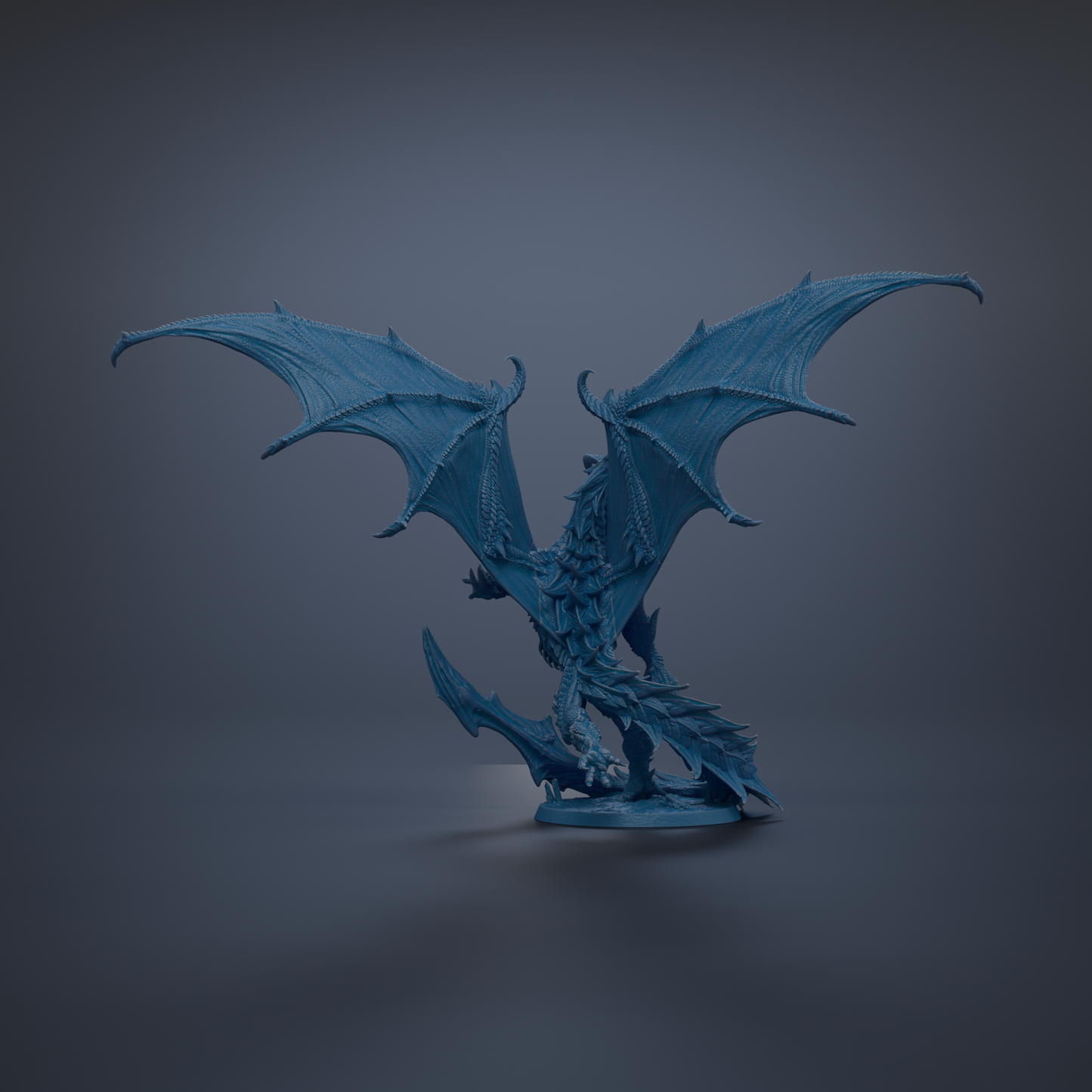 A blue dragon figurine with outstretched wings is depicted against a dark background.