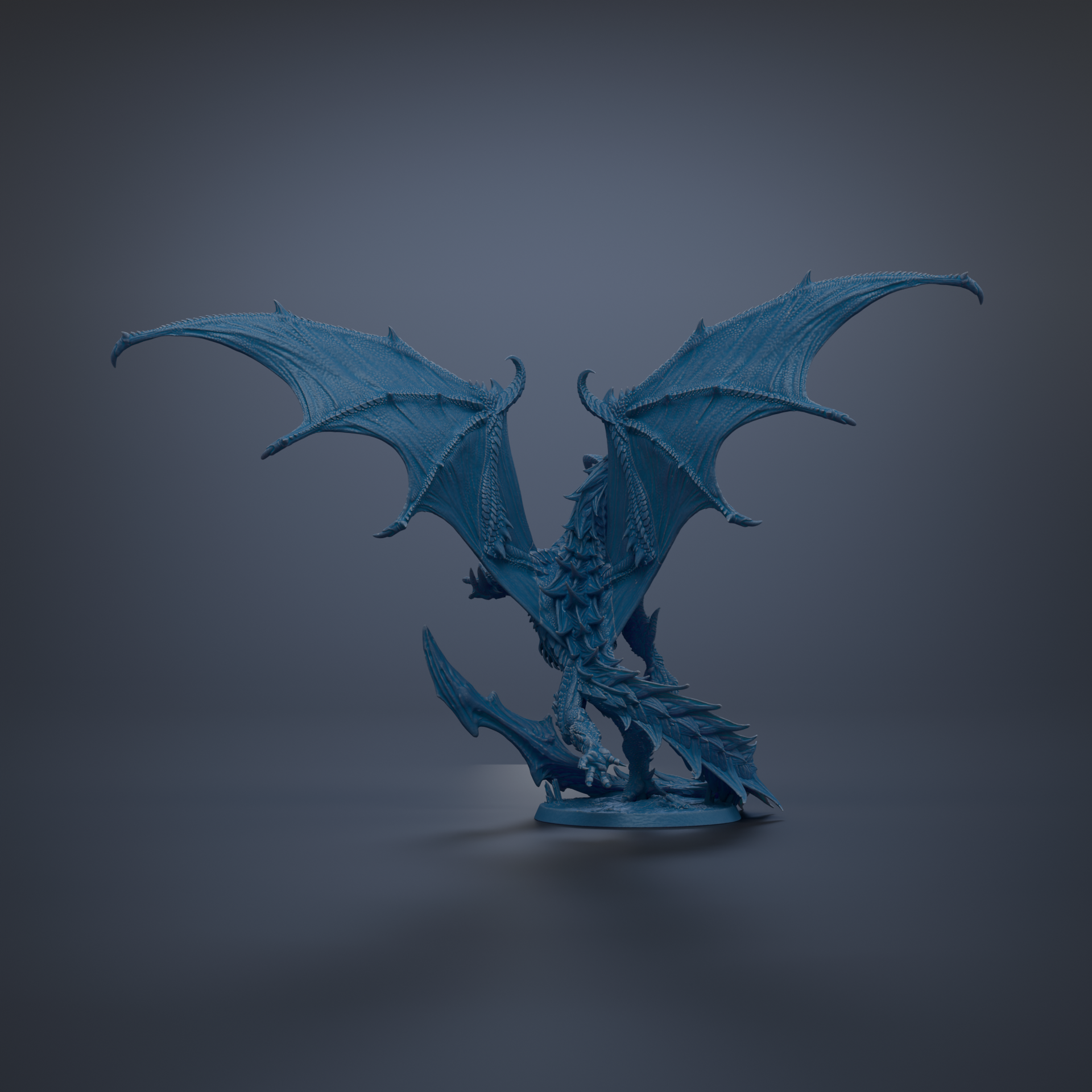 A blue dragon figurine with outstretched wings is depicted against a dark background.