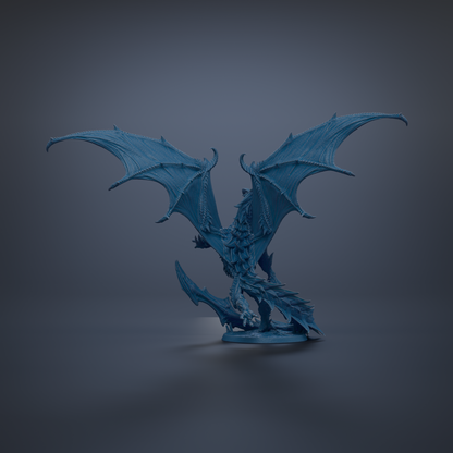 A blue dragon figurine with outstretched wings is depicted against a dark background.