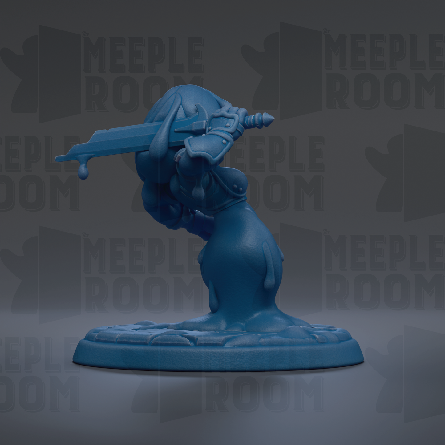 A blue figurine of a character holding a sword, standing on a base, against a dark background with repeated text.