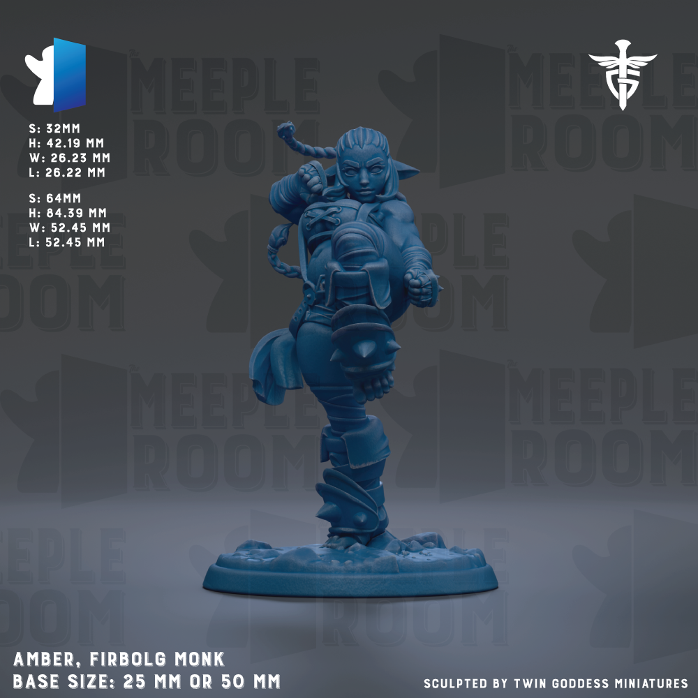 a figurine of a character named Amber, who is described as a "Firbolg Monk" and is shown in a dynamic pose. The figurine is shown in a base size of 25mm or 50mm, and it is sculpted by Twin Goddess Miniatures. The background of the image is a dark gray color, and the text "MEIPLE ROOM" is visible, suggesting that the image is part of a larger collection or series.