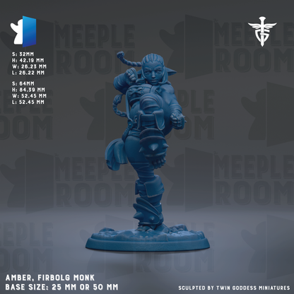 a figurine of a character named Amber, who is described as a "Firbolg Monk" and is shown in a dynamic pose. The figurine is shown in a base size of 25mm or 50mm, and it is sculpted by Twin Goddess Miniatures. The background of the image is a dark gray color, and the text "MEIPLE ROOM" is visible, suggesting that the image is part of a larger collection or series.