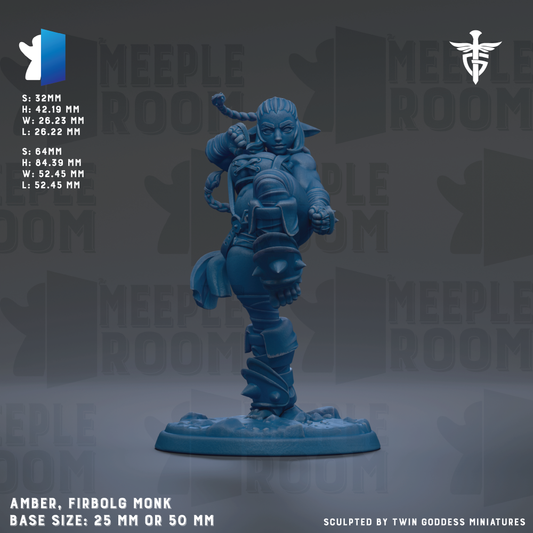 a figurine of a character named Amber, who is described as a "Firbolg Monk" and is shown in a dynamic pose. The figurine is shown in a base size of 25mm or 50mm, and it is sculpted by Twin Goddess Miniatures. The background of the image is a dark gray color, and the text "MEIPLE ROOM" is visible, suggesting that the image is part of a larger collection or series.