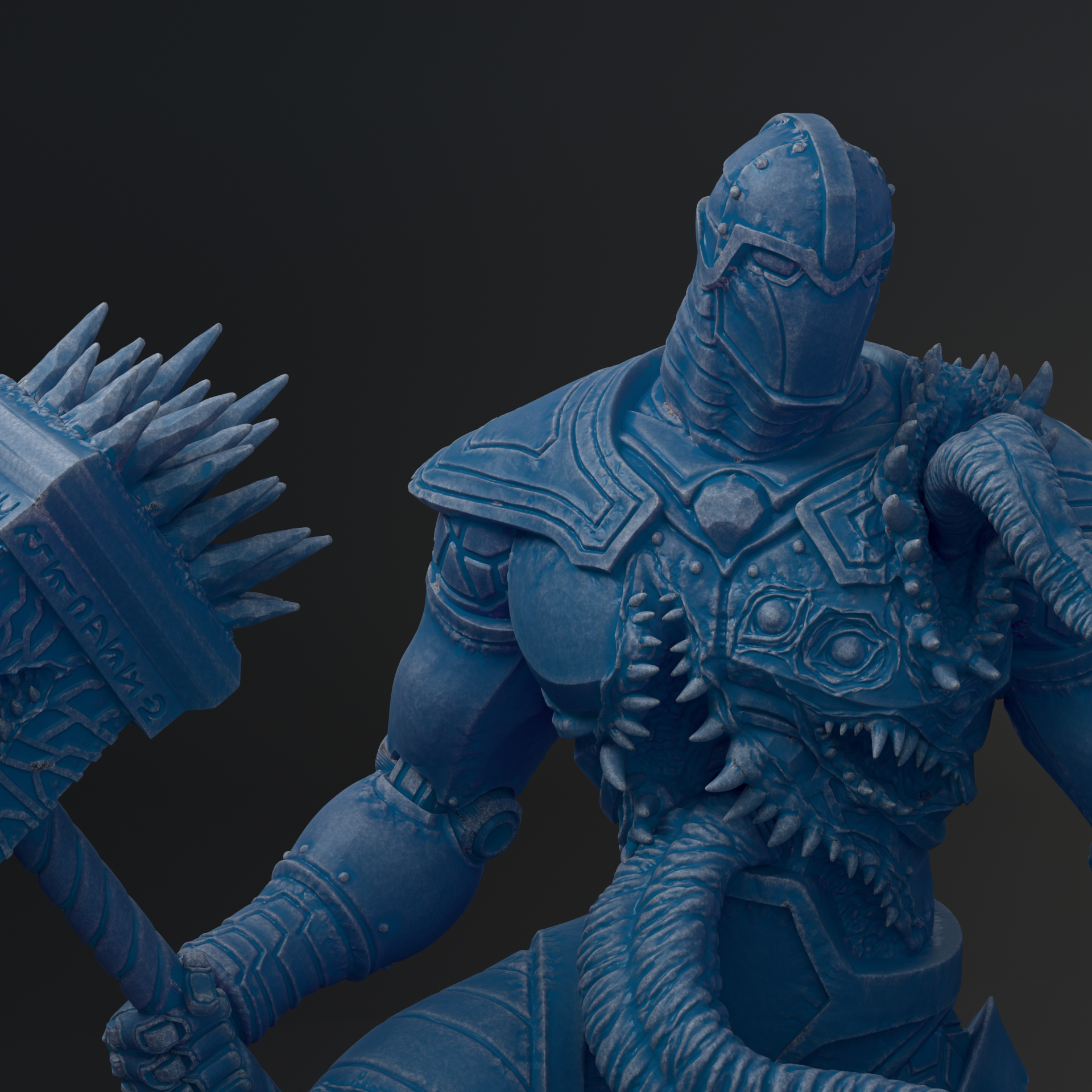 A detailed 3D rendering of a blue armored figure wielding a large weapon, with intricate details and textures.