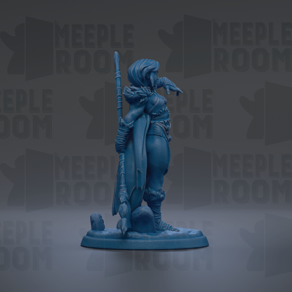 A blue figurine of a female character with a sword and shield, standing in a dark background with repeated text.