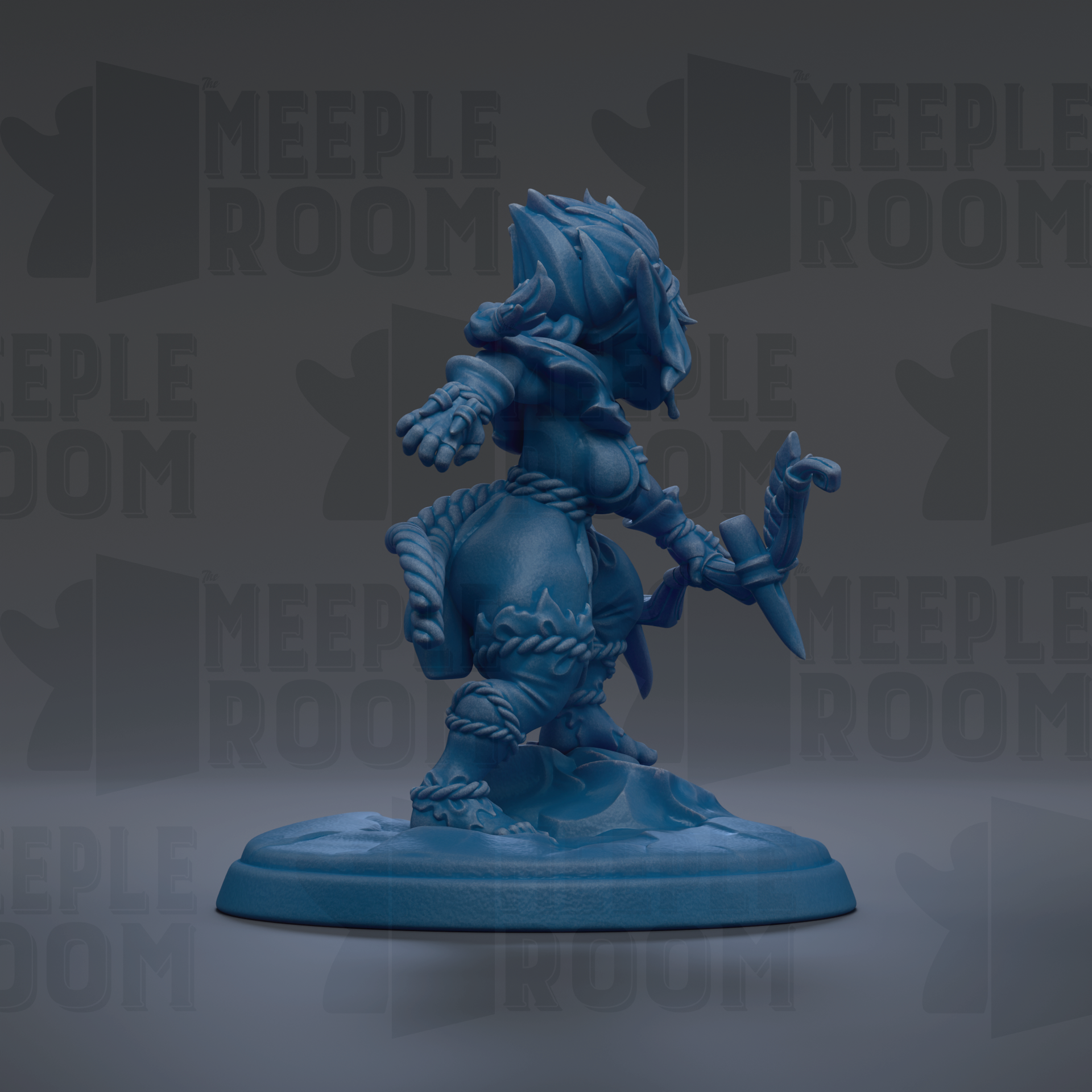 A blue figurine of a warrior-like character with a fierce expression and wielding a weapon, standing on a base.