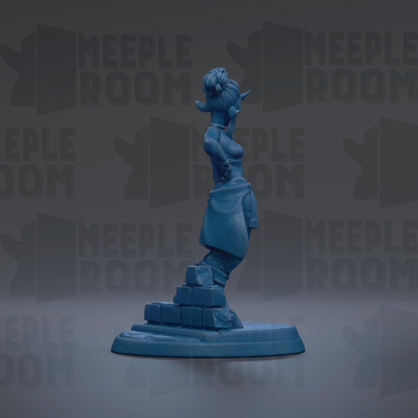 A blue figurine of a woman standing on a base, with the text "MEUPLE ROOM" repeated in the background.