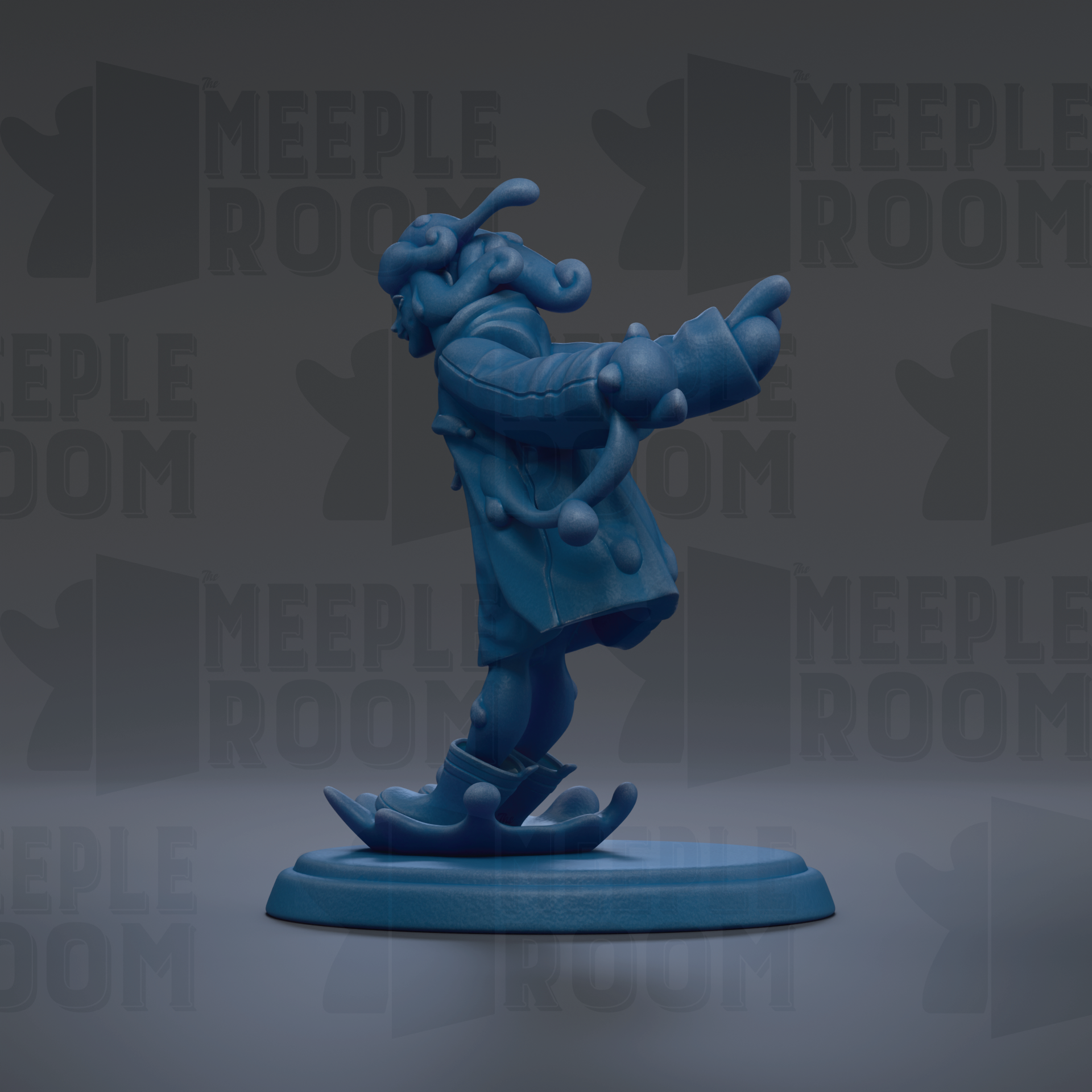 A blue figurine of a dancing character is shown against a dark background with repeated text.