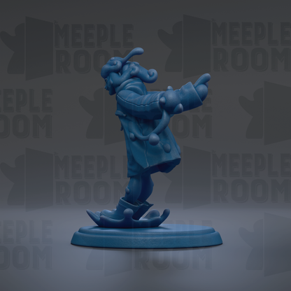 A blue figurine of a dancing character is shown against a dark background with repeated text.