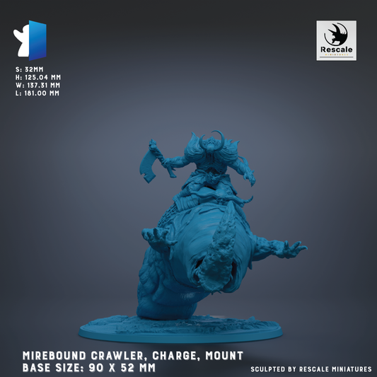 The image is a 3D model of a Mirebound Crawler, a type of fantasy creature, with a person riding on its back. The base size of the model is 90 x 52 mm.