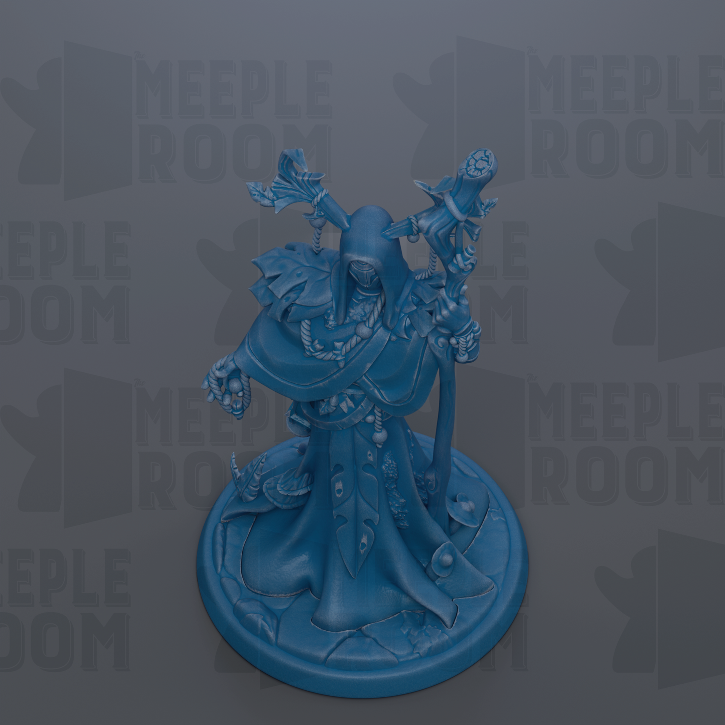 A blue figurine of a fantastical creature, possibly a dragon or serpent, is displayed on a circular base against a dark background with repeated text.