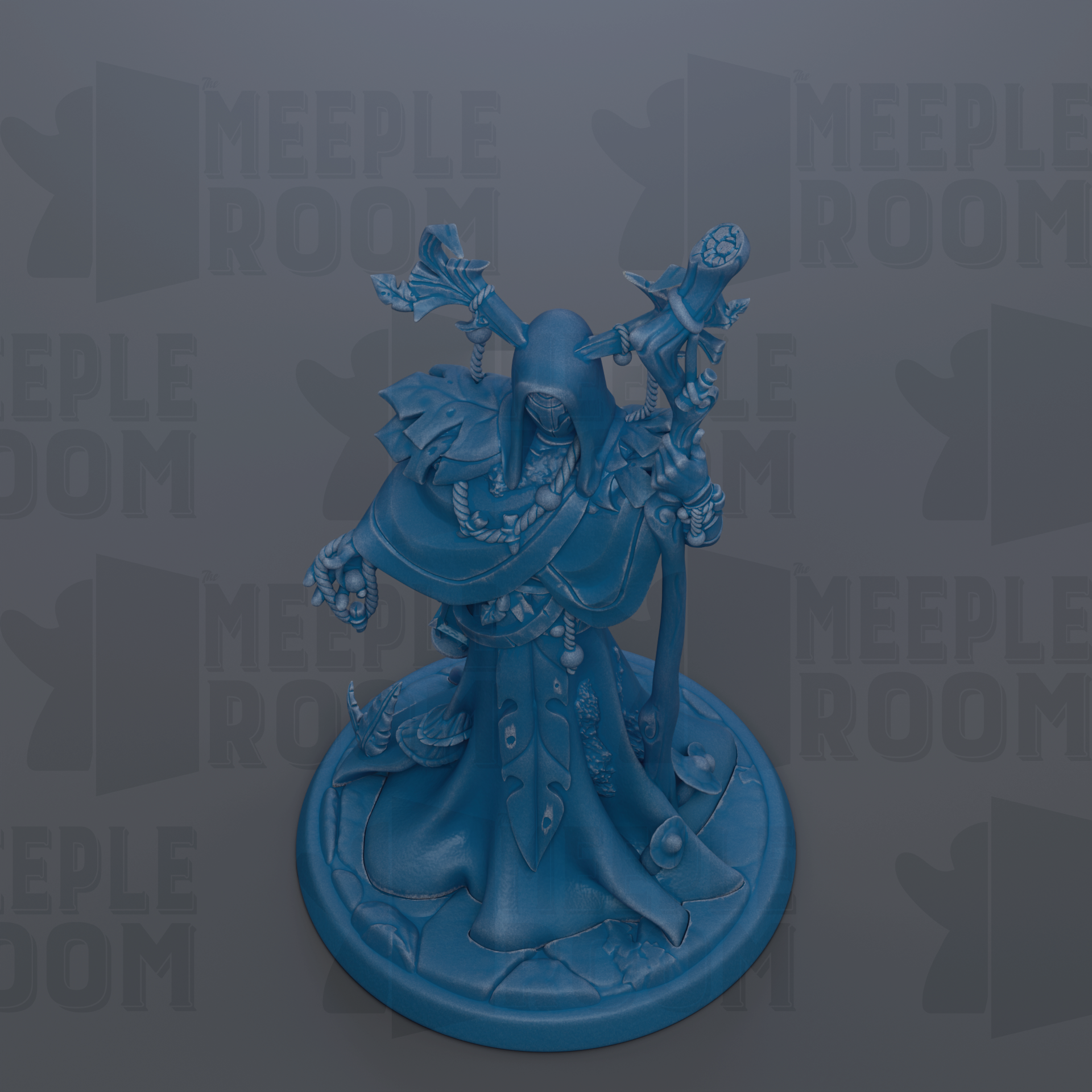 A blue figurine of a fantastical creature, possibly a dragon or serpent, is displayed on a circular base against a dark background with repeated text.