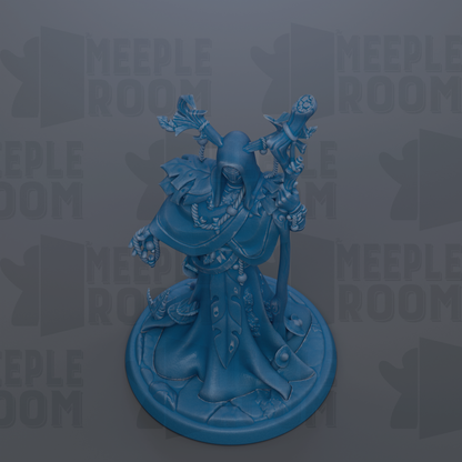 A blue figurine of a fantastical creature, possibly a dragon or serpent, is displayed on a circular base against a dark background with repeated text.