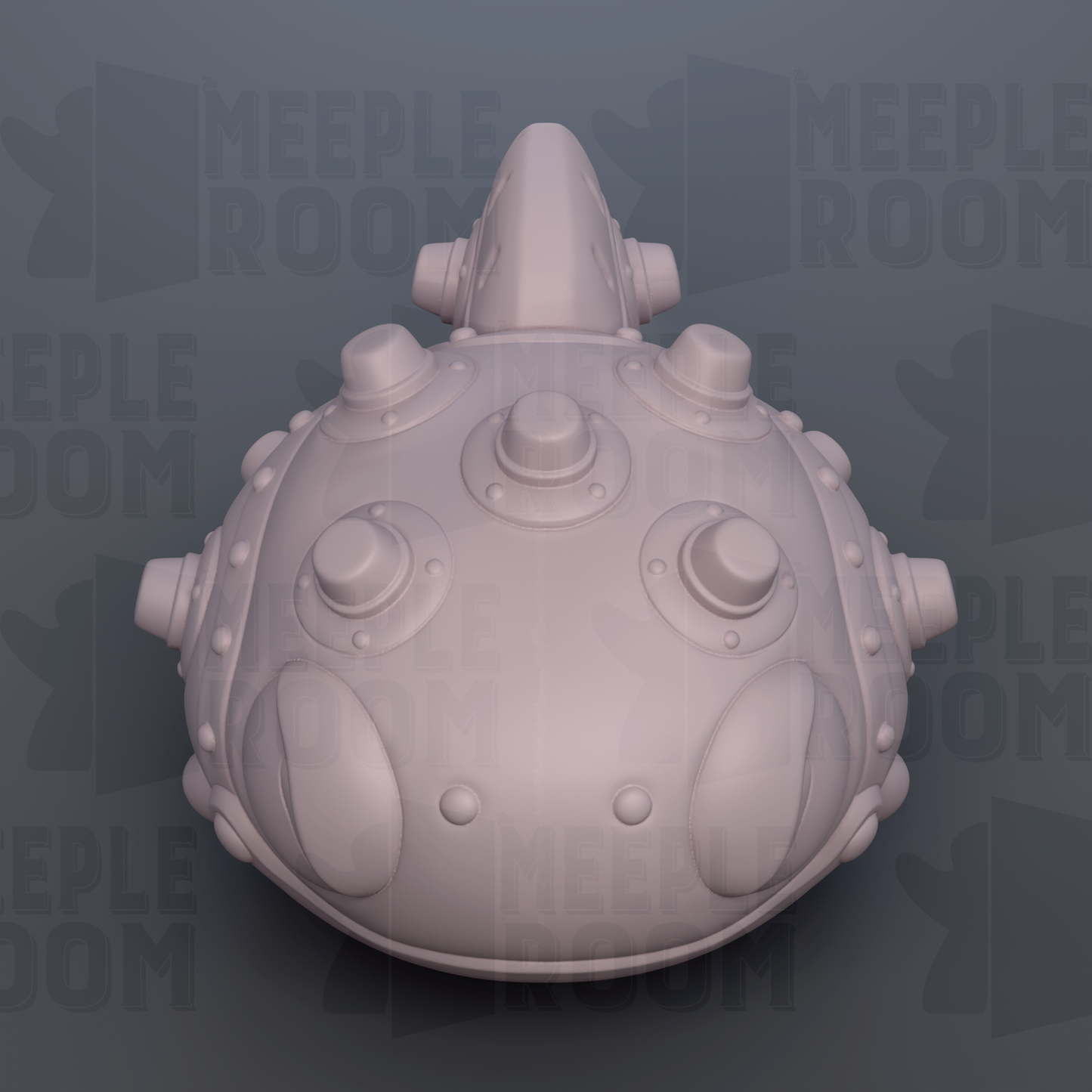 A 3D rendering of a futuristic-looking object with a lot of buttons and knobs on its surface, set against a dark background with repeated text.