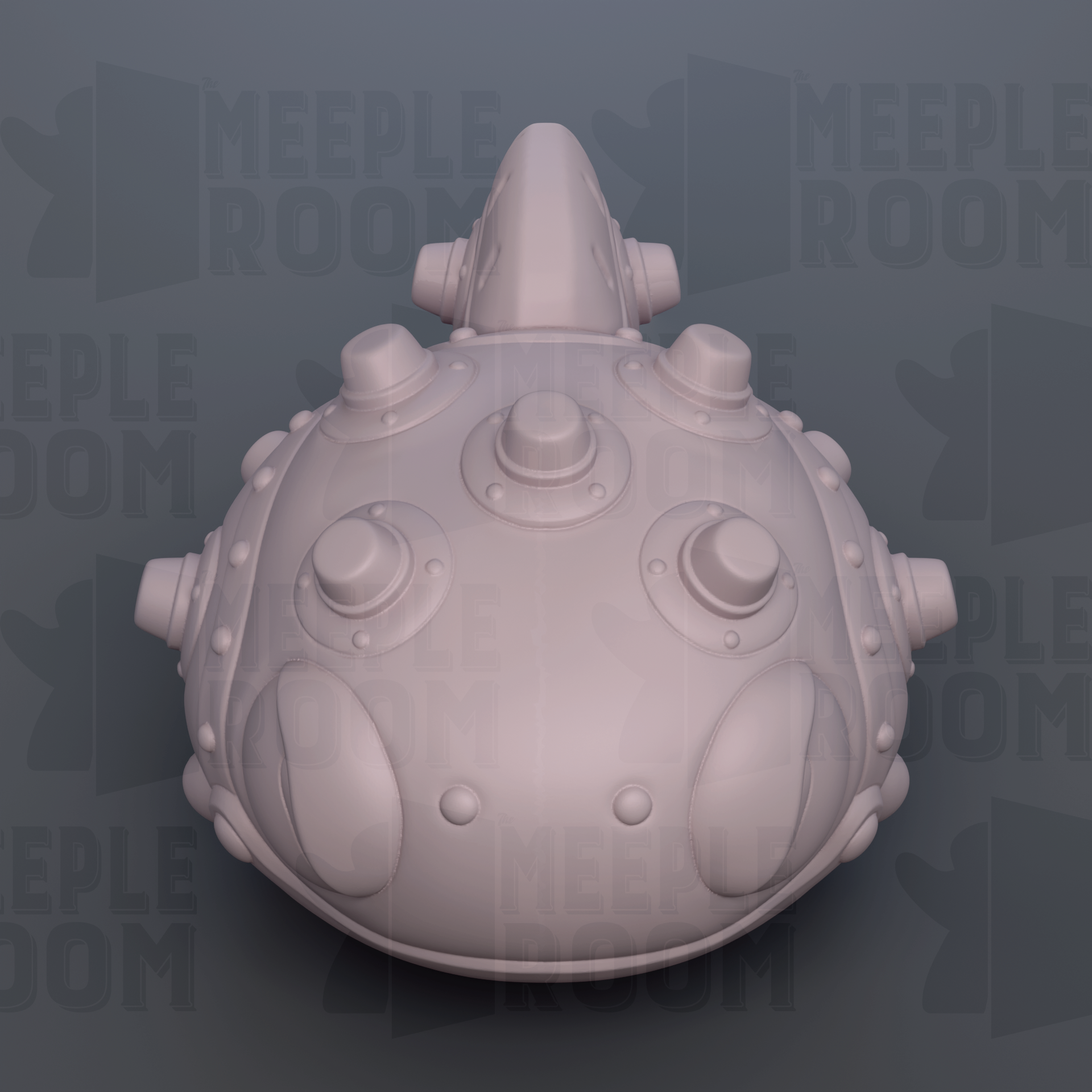 A 3D rendering of a futuristic-looking object with a lot of buttons and knobs on its surface, set against a dark background with repeated text.