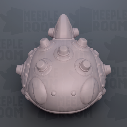 A 3D rendering of a futuristic-looking object with a lot of buttons and knobs on its surface, set against a dark background with repeated text.