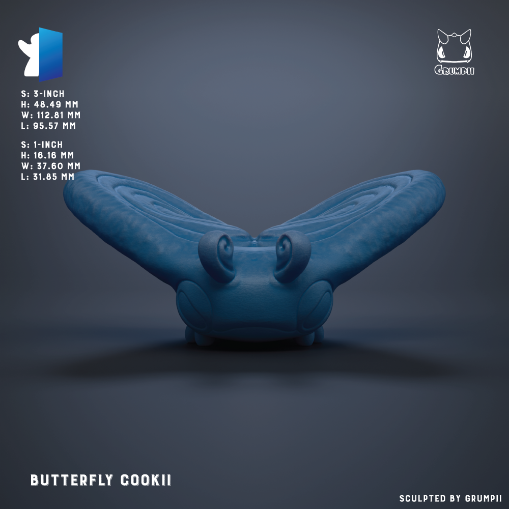 The image is a 3D rendering of a blue butterfly-shaped object, possibly a cookie or a toy.