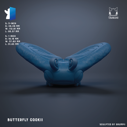 The image is a 3D rendering of a blue butterfly-shaped object, possibly a cookie or a toy.