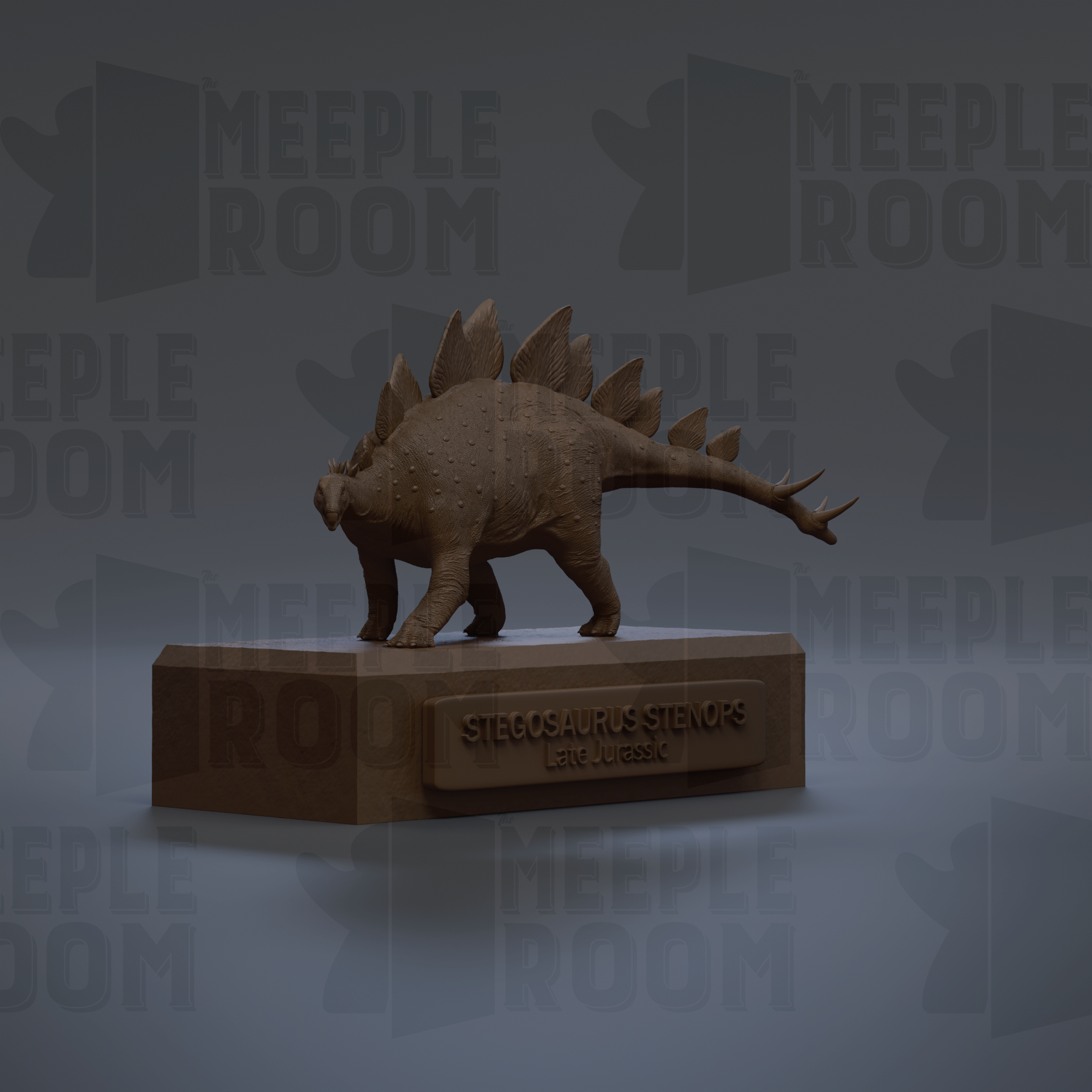 A 3D rendering of a Stegosaurus dinosaur on a pedestal, with the text "STEGOS AURUS STENOP" and "LATE JURASSIC" visible.