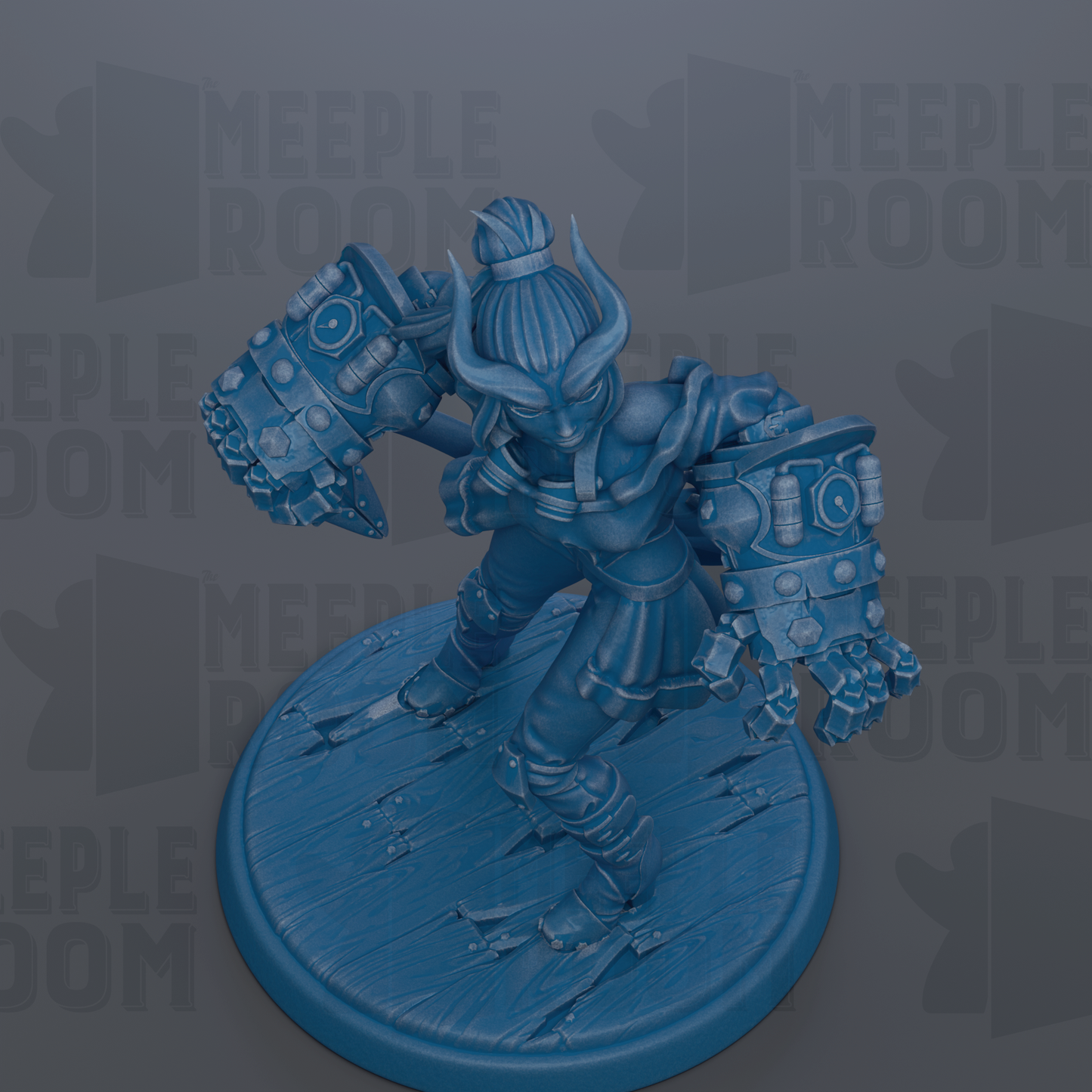 A blue 3D model of a character with horns and a large weapon, standing on a blue base.