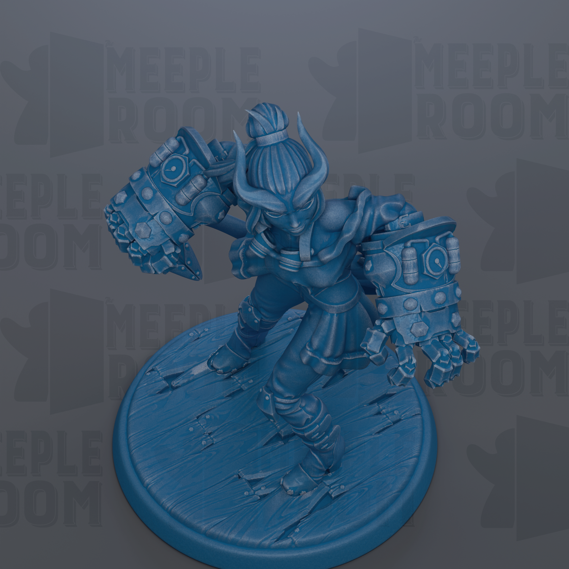 A blue 3D model of a character with horns and a large weapon, standing on a blue base.