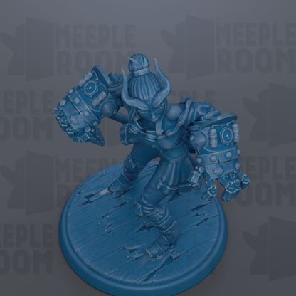 A blue 3D model of a character with horns and a large weapon, standing on a blue base.