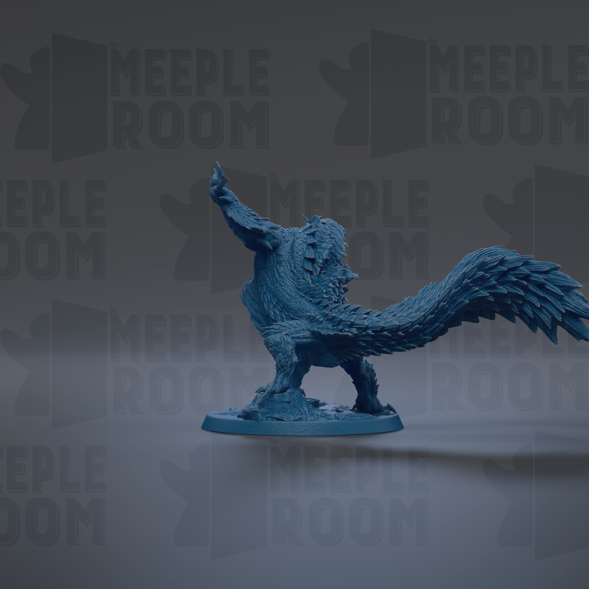 A 3D model of a blue, scaly-like creature with a long tail, standing on a base against a dark background with repeated text.