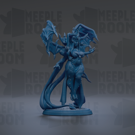 A blue figurine of a winged, winged creature with a long tail, standing on a base and facing to the right.