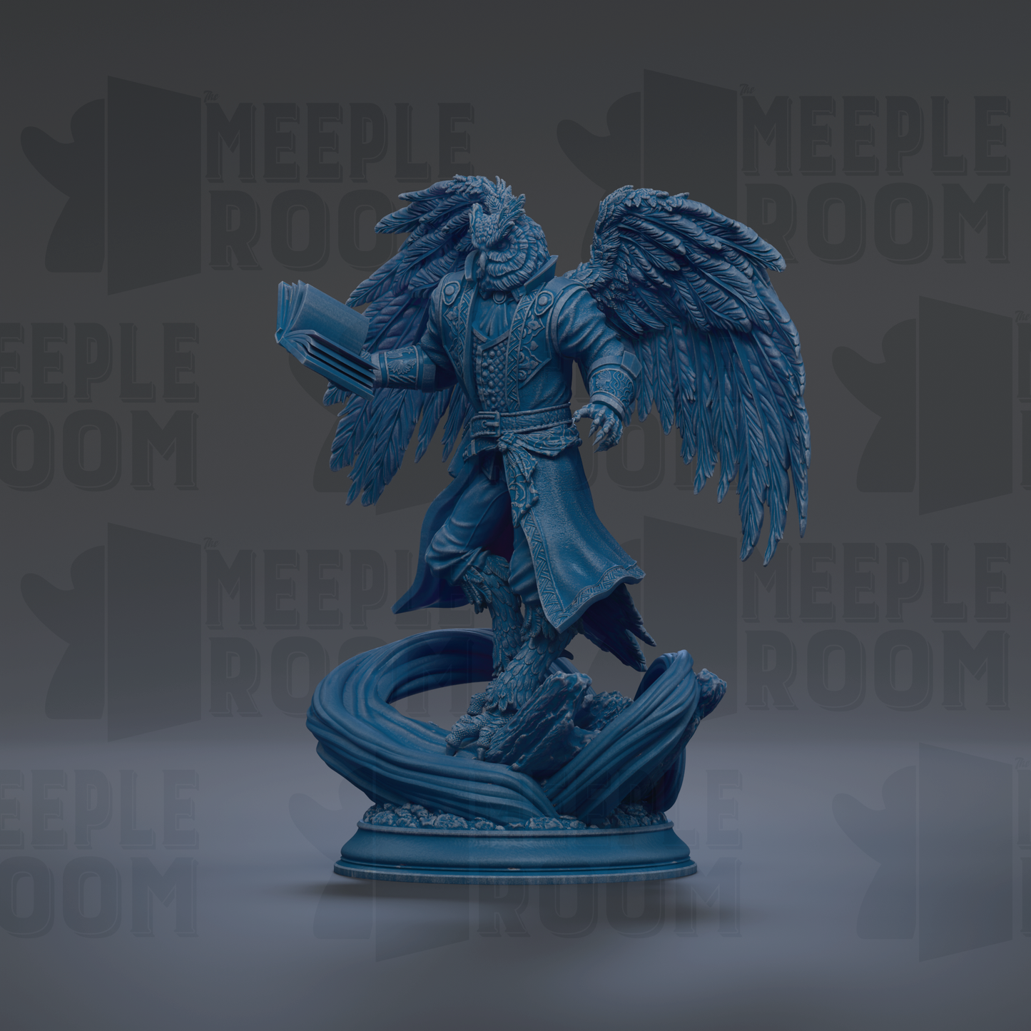 A blue, winged statue of a figure holding a book stands on a pedestal against a dark background with repeated "MEIPLE ROOM" text.